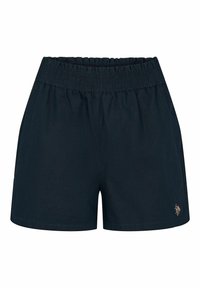 Námořnické modré šortky s nařaseným pasem, hladkým povrchem a vyšitým logem na lemu. Jednoduchý a přiléhavý design.