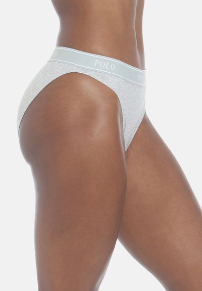 Gray cotton thong underwear with a light gray "POLO" logo waistband, featuring a smooth texture and minimal coverage design.