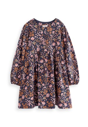 Mørkeblå kjole med lange ærmer og blomstermotiv, der har pink, orange og hvide blomster. Den har en samlet nederdel og rund udskæring. Blødt stof.