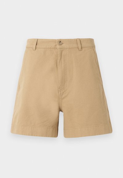 Beige šorti, kas izgatavoti no kokvilnas, ar klasisku dizainu, priekšējā pogu aizdare un jostas cilpiņām. Gluda tekstūra ar sānu kabatām.