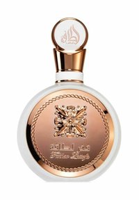 Transparent glasparfymflaska med rund form, vit bas och utsmyckade rosaguldiga detaljer som har en blommig design och präglad text.