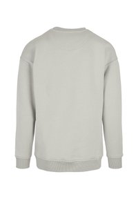 Lys grå sweatshirt med rund hals, drop shoulder og ribbede manchetter. Glat tekstur, minimalistisk design og ingen synlige mønstre eller accenter.