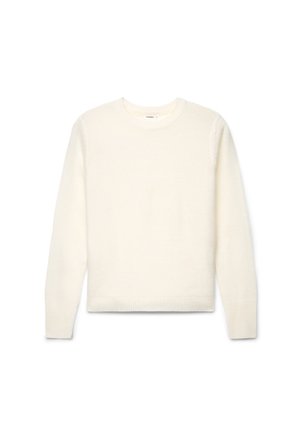 Maglione color crema a maniche lunghe con scollo tondo, polsini e bordo a coste, mostrato disteso su sfondo bianco.