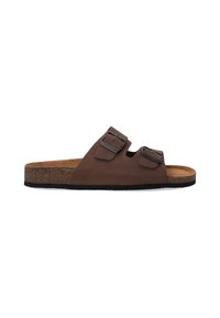 Brown leather slide sandal with two adjustable metal buckles, a cork footbed, and a textured black rubber outsole.