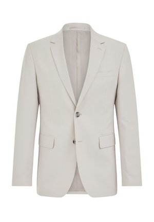 Hele beež meeste bleiser notšiga krae, kahe nupu, kaantelukkude ja rinna taskuga, esitatud valgel taustal.