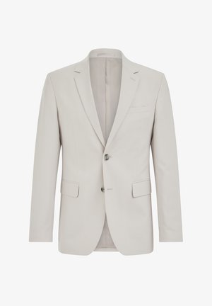 Světlý béžový pánský blazer s klopami s výřezem, dvěma knoflíky, kapsami s klopou a náprsní kapsou, zobrazený na bílém pozadí.