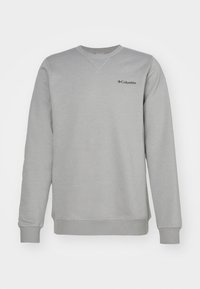 Sudadera gris claro de cuello redondo con mangas largas y pequeño logo negro de Columbia en el lado izquierdo del pecho.