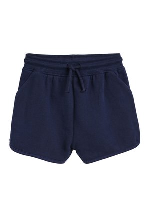 Shorts de survêtement bleu marine avec une taille élastique à cordon de serrage, poches latérales et un tissu doux et texturé. L'ourlet a une coupe arrondie pour plus de liberté de mouvement.