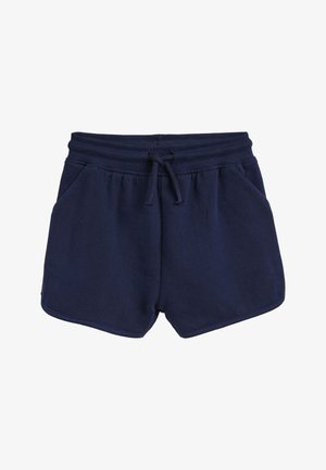 Pantaloni corti in felpa blu navy con vita regolabile con cordino, tasche laterali e un tessuto morbido e texture. L'orlo è stondato per facilitare i movimenti.