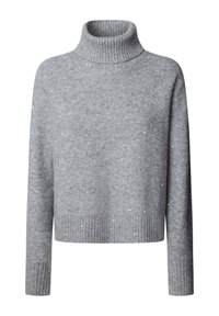 Maglione grigio a collo alto realizzato in materiale morbido, con un design corto, polsini e orlo a coste, e accenti decorativi sottili sparsi.