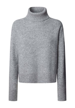 Grijze coltrui gemaakt van zacht materiaal, met een cropped design, geribbelde manchetten en zoom, en verspreide subtiele decoratieve accenten.
