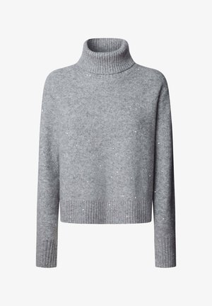 Maglione grigio a collo alto realizzato in materiale morbido, con un design corto, polsini e orlo a coste, e accenti decorativi sottili sparsi.