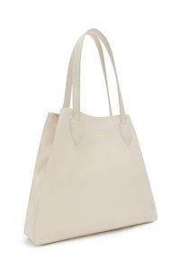 Bolso tote de piel beige con un acabado texturizado, que presenta dos asas alargadas y un diseño minimalista. Detalle del logo en dorado en la parte frontal.
