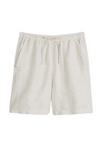 Pantalones cortos de lino beige con cinturilla elástica, cordón y bolsillos laterales. Con un diseño plano en la parte frontal y un ajuste ligeramente holgado con una textura suave.