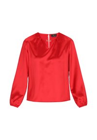 Blusa rossa di satin con maniche lunghe, scollatura rotonda e apertura a chiave sul davanti. Presenta polsini elasticizzati e chiusura con zip sul retro.