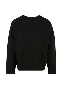 Czarny sweter, miękka dzianina, okrągły dekolt, obniżone ramiona, ściągacze przy mankietach i u dołu, widok z tyłu bez widocznych logo ani wzorów.