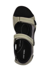 Vaaleanvihreä sandaali, jossa on musta pehmustettu pohja, säädettävät hihnat ja harmaat yksityiskohdat. Sisältää kaarituen ja pyöreän varvasmuotoilun.