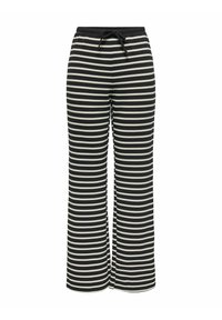 Black and white striped wide-leg pants with a drawstring waistband, made of textured fabric, featuring evenly spaced horizontal stripes.