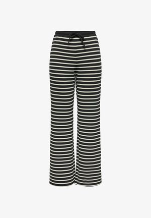 Pantaloni a gamba larga a righe bianche e nere con vita regolabile, realizzati in tessuto testurizzato, caratterizzati da righe orizzontali evenly spaced.