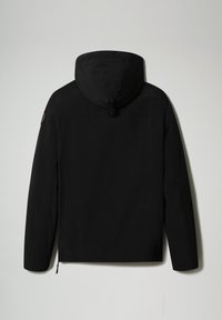 Schwarze Kapuzenjacke mit glatter Textur, langen Ärmeln und verstellbarer Kapuze, von hinten gezeigt. Einfaches, funktionales Design.