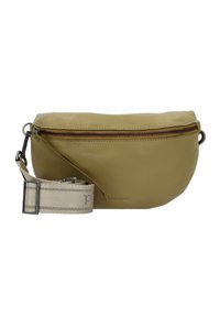 Borsa a vita in pelle verde oliva con cerniera marrone e tracolla in tessuto beige regolabile con fibbia in metallo.