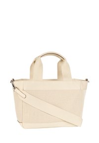Beżowa torba na ramię z płótna z dwoma uchwytami, odpinanym paskiem na ramię oraz usztywnionym kształtem. Charakteryzuje się fakturowaną tkaniną oraz zamkiem na suwak.