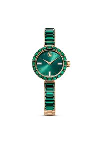 Zielony zegarek z okrągłą tarczą, złotymi akcentami, szlachetnymi kamieniami w kształcie emerald oraz metalową bransoletą. Ma teksturowaną zieloną tarczę z dwoma świecącymi znacznikami.