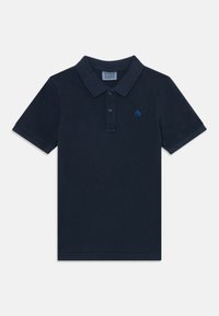 Navyblaues Poloshirt aus Baumwolle mit einer Knopfleiste mit drei Knöpfen, kurzen Ärmeln und einem kleinen blauen Logo auf der linken Brust.