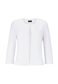 Weiße Jacke mit rundem Halsausschnitt und langen Ärmeln, mit einer vorderen Schlitzöffnung und strukturiertem Stoff. Einfaches, minimalistisches Design.