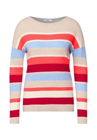 Gestreepte trui met lange mouwen, uitgerust met horizontale banden in rood, blauw, beige en crème. Gemaakt van gebreide stof met een relaxte pasvorm.