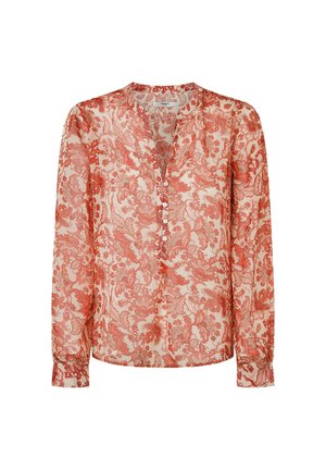 Kerge ja õhuline pikakäiselise pluus punase ja kreemja lillemustriga, millel on nööpidega kaelus ja mansetiga varrukad.