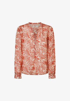 Kerge ja õhuline pikakäiselise pluus punase ja kreemja lillemustriga, millel on nööpidega kaelus ja mansetiga varrukad.