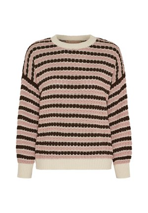 Stribet strikket sweater med skiftevis lyserøde og mørkebrune horisontale mønstre, cremefarvede ribkanter ved ærmer, kant og hals.