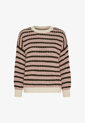 Stribet strikket sweater med skiftevis lyserøde og mørkebrune horisontale mønstre, cremefarvede ribkanter ved ærmer, kant og hals.