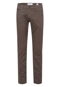 Brown trousers made of textured fabric, featuring a button closure, five pockets, and a fitted design. Subtle stitching accents throughout.