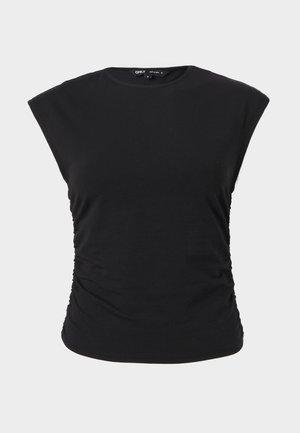 Černý bezrukávový top s nabíranými boky, kulatým výstřihem, volným střihem na ramenou a přiléhavým pasem, zobrazený na jednobarevném pozadí.