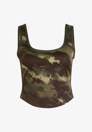 Sleeveless crop top with wide straps in green and brown camouflage pattern, featuring a small embroidered logo at the center front.