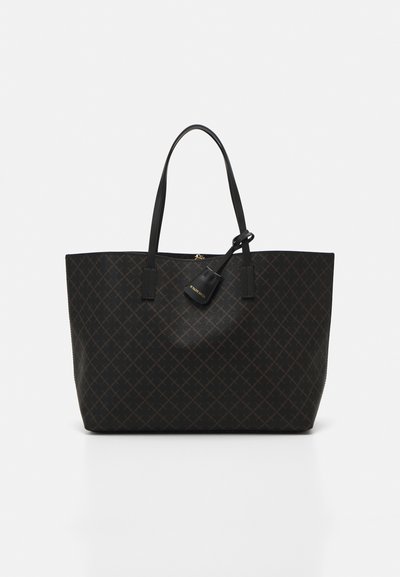 Black tote bag with diamond pattern, smooth texture, dual shoulder straps, and a small hanging tag. Minimalist design, spacious shape.