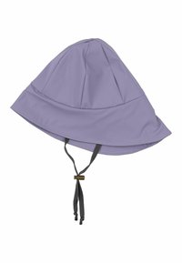 Lila wasserdichter Sonnenhut mit breiter Krempe, plissiertem Oberteil und verstellbarem Zugband mit einem Zugregler für einen sicheren Sitz.