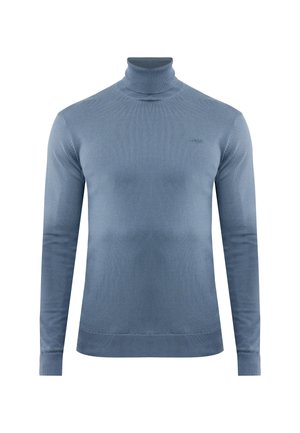 Blauer Langarm-Turtleneck-Pullover mit feiner Rippstruktur und kleinem gesticktem Logo auf der Brust.