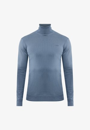 Blauer Langarm-Turtleneck-Pullover mit feiner Rippstruktur und kleinem gesticktem Logo auf der Brust.