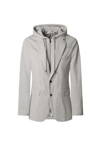 Blazer pour homme gris clair avec revers crantés, deux boutons, poches avant, et une capuche zippée attachée avec cordons.
