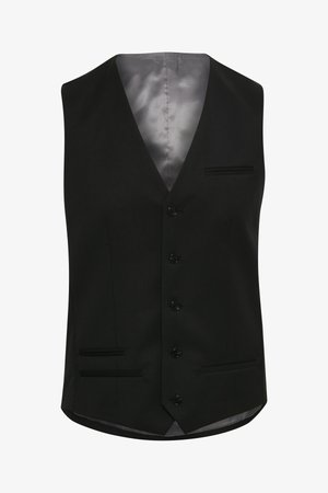 Zwarte vest met een gladde satijnen voering, voorzien van zes knopen, twee voorzakken en een V-halsontwerp. Tailored pasvorm met een klassieke fit.