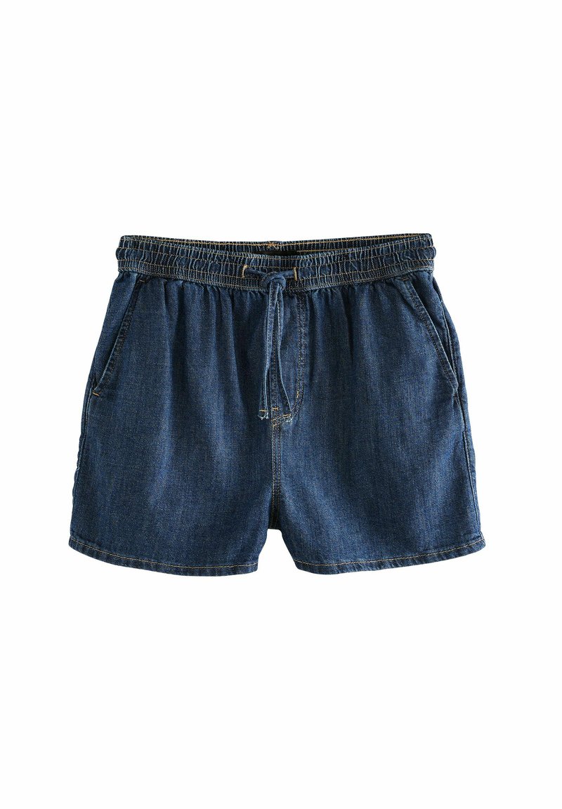 Denimshorts med elastisk midjeband, dragsko-stängning, två sidfickor och en klassisk blå färg. Har nedtonade sömdetaljer.