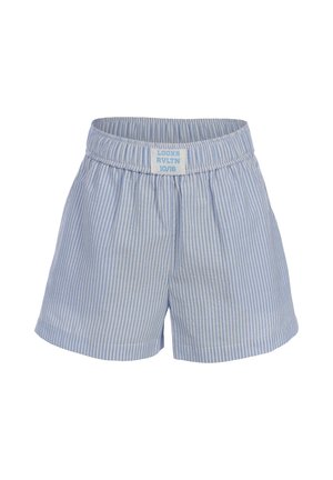 Lichtblauwe en witte verticaal gestreepte katoenen shorts met elastische tailleband en een label aan de voorkant in het midden met maat 10/16.
