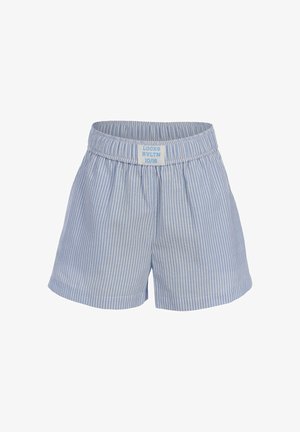 Lichtblauwe en witte verticaal gestreepte katoenen shorts met elastische tailleband en een label aan de voorkant in het midden met maat 10/16.
