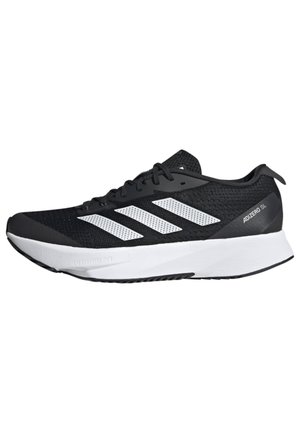 Chaussure de running Adidas noire et blanche avec trois bandes blanches et semelle blanche étiquetée Adizero SL, vue de côté sur fond blanc.