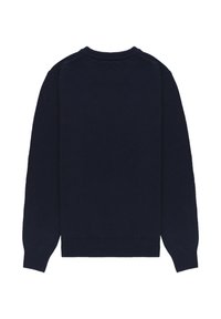 Maglione blu navy, tessuto a maglia, collo rotondo, maniche lunghe, polsini e orlo a coste, design semplice, senza loghi o motivi visibili.
