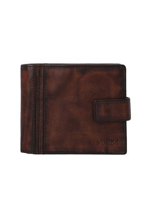 Brown leather wallet with a textured surface, featuring a clasp closure, multiple card slots, and a stitched edge. Marked with "VENEZIA."