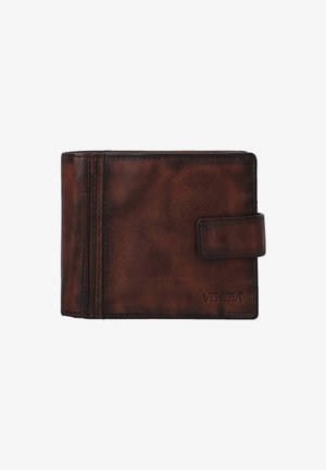 Braune Lederbörse mit strukturierter Oberfläche, ausgestattet mit einem Druckverschluss, mehreren Kartenfächern und einer gesteppten Kante. Mit der Aufschrift "VENEZIA".